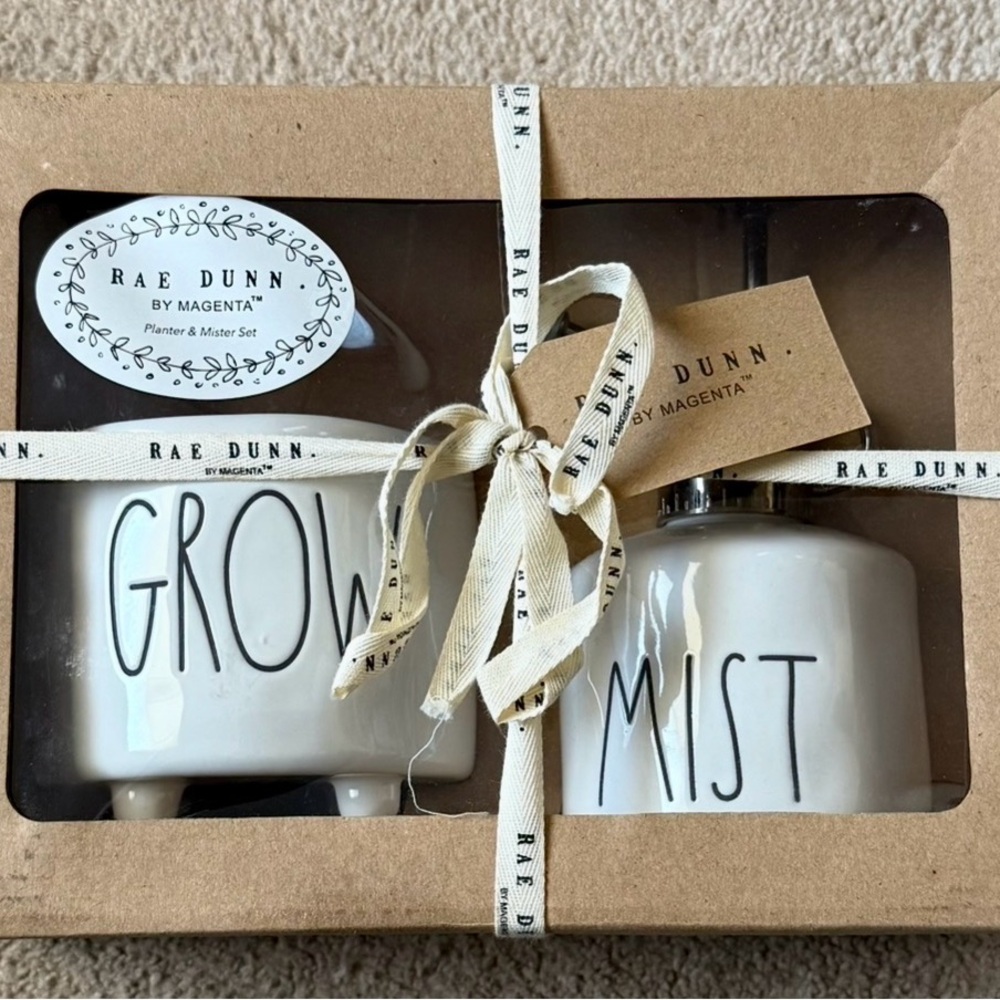 Rae Dunn Cream Ceramic Planter & Mister Set with Black Lettering